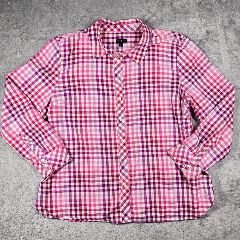 Talbots Pink Purple Gingham Button-Up‎ Womens XL Petite Preppy Cottagecore